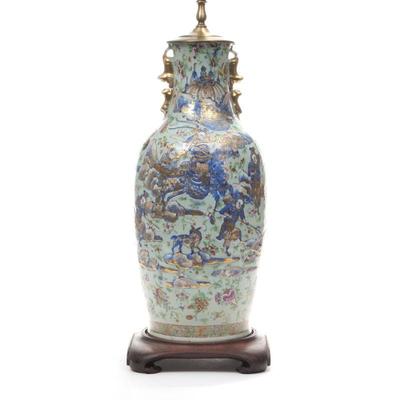 JAPANESE / CHINESE PAINTED SCENIC LAMP | Porcelain vase with enameled and gilt decoration of figures in a hunting scene, having gilt...