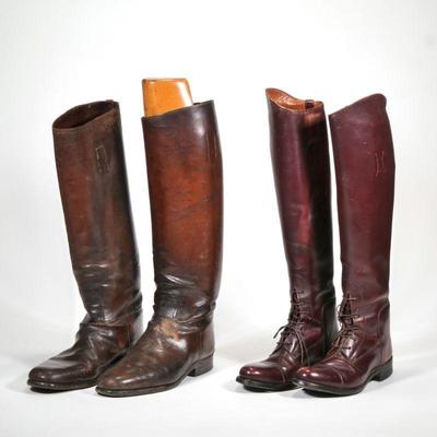"(2pc) PAIRS LEATHER RIDING BOOTS | Two pairs of brown leather riding boots, including a woman's pair with laces and with...