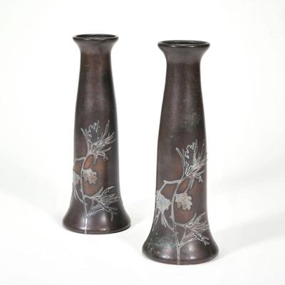 (2pc) PAIR HEINTZ ARTS & CRAFTS STERLING ON BRONZE VASES | Sterling silver on bronze, stamped on the bottom no. 3687 A, Pat. Aug. 27,...