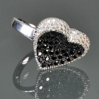 BLACK DIAMOND & 18K WHITE GOLD RING |Black diamond encrusted heart surrounded by melee diamonds, all set in 18k white gold, with...