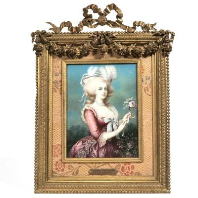VERY FINE MARIE ANTOINETTE PORTRAIT MINIATURE AFTER LEBRUN | depicting Marie Antoinette in fancy garb holding a rose
h. 5 x 3.75 in.,...