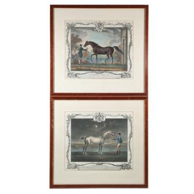 (2pc) PAIR 18TH C. HORSE PRINTS | With hand coloring
Sight 11.75 x 13.75 in. 
h. 18.75 x w. 20 in. (frame)
