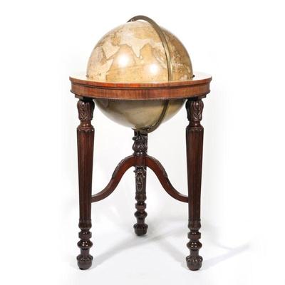 ANTIQUE NEWTONS TERRESTRIAL FLOOR GLOBE | Antique globe within an engraved brass ring, raised on a finely carved tripod stand with...