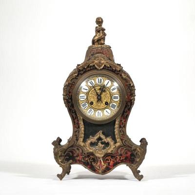 "JAPY FRERES BOULLE SHELF CLOCK | French shelf clock with bombe sides, having overall faux tortoise shell and boulle inlay, with...