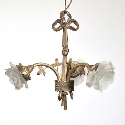 ANTIQUE THREE ROSES BRASS HANGING FIXTURE | Designed as three flower form arms sporting leaves with frosted glass rose blossom shades
h....