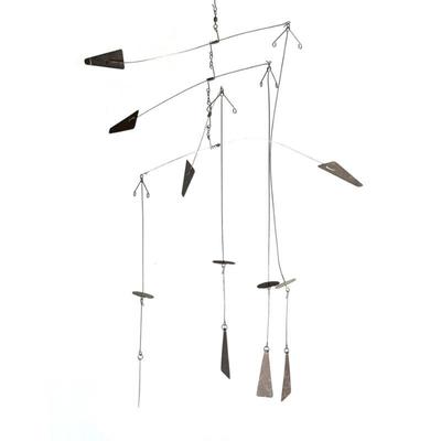 "CALDER STYLE MID CENTURY METAL MOBILE SCULPTURE | Manner of Alexander Calder, mid-century modern abstract hanging sculpture having...