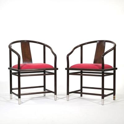 (2pc) CONTEMPORARY HORSESHOE ARMCHAIRS | Chinese style horseshoe armchairs with chrome capped feet and red upholstered seats