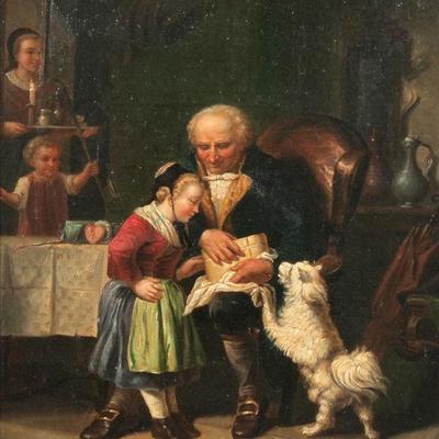 CONTINENTAL SCHOOL (19TH CENTURY) GENRE SCENE | man with child & dog
oil on canvas
h. 12.75 x w. 10.75, stretcher (approx).
no...