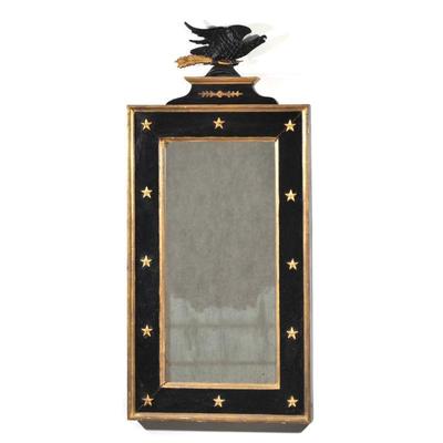 "BLACK & GILT MIRROR WITH CAST IRON EAGLE, HILFIGER COLLECTION | Black paint and gilt decoration, crested with a cast iron eagle...
