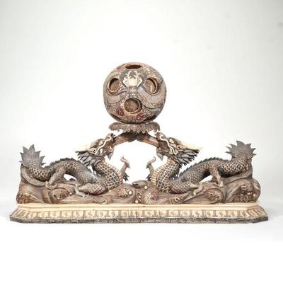 20TH CENTURY JAPANESE CARVED BONE FIGURAL GROUP | Two dragons with layered sphere

