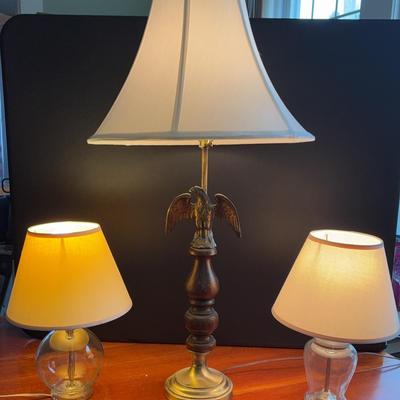 Eagle Table Lamp And 2 Small Glass Lamps 