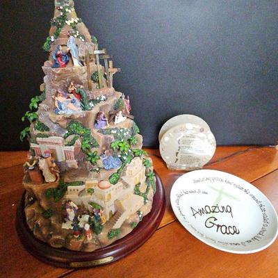 Religious Light Up Christmas Tree, Amazing Grace Dish And Footprints Napkin Holder 