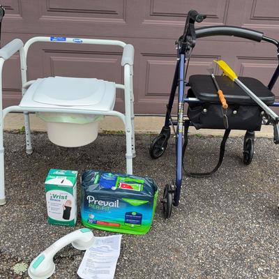Large Lot Of Gently Used Medical Equipment Toilet, canes,  roller walker, shower handle and more!