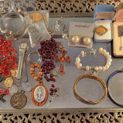 Mirrored Tray Filled With Costume Jewelry Including Watches Bracelets Earring And Brooches 
