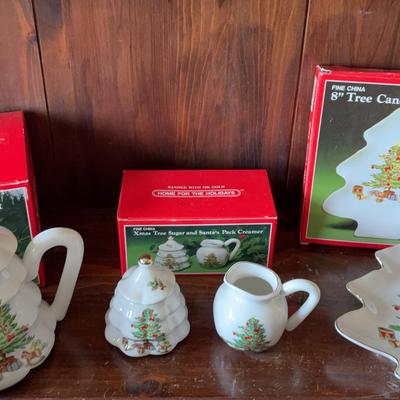 FINE CHINA MEIWA Christmas Tree Teapot Sugar And Santa Pack Creamer 8” Tree Candy Dish
