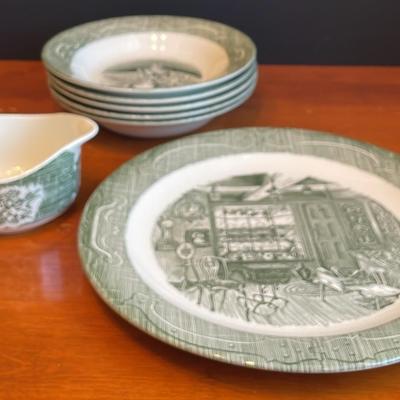 The Old Curiosity Shop Green Underglaze Serving Dish, Plate and Bowls - Ceramic