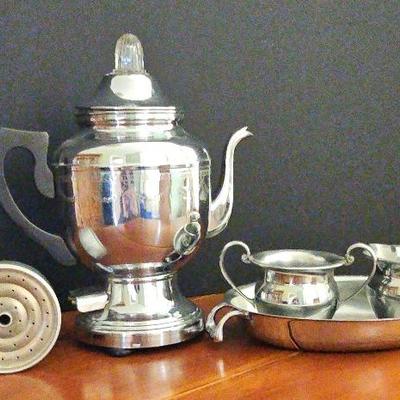 Vintage 1940s Farberware Coffee Pot with Silcer Plates Creamer, Sugar Bowl And Serving Tray.