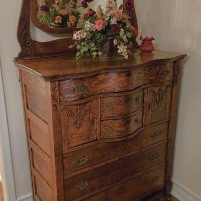 Antique Oak Mirrored Serpentine Highboy Chest