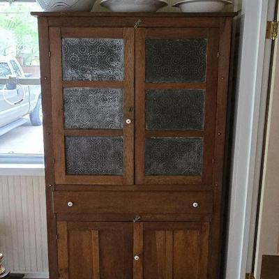 Antique Pie Safe Cupboard 2-dr 4 Drawer w 6 Punched Tin panels