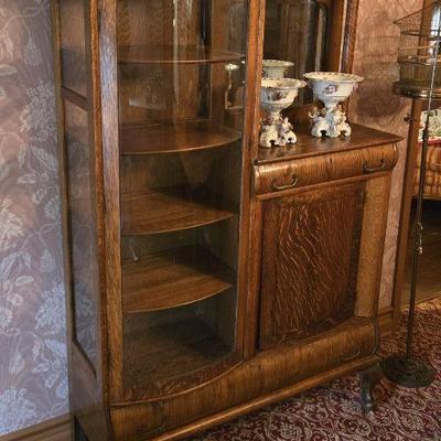 Antique Oak Curio/Cabinet with Curved Glass and Beveled Mirror