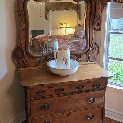 Antique Ornate Oak Dresser and Mirror
