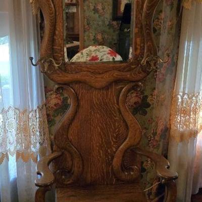 Antique Oak Hall Tree Bench