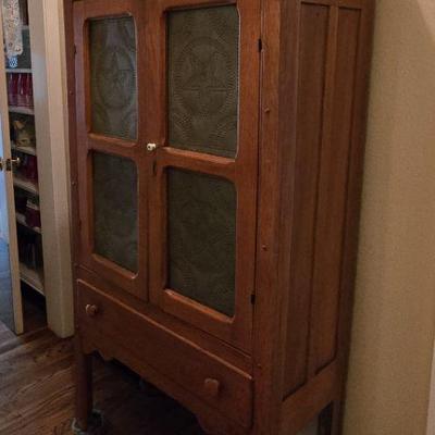 Antique Pie Safe Cupboard 2-dr 1 Drawer w 4 Punched Tin panels