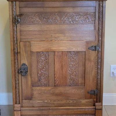 Antique Oak Ice Box Refrigerator – Ornately Carved