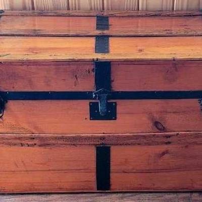 Antique Pine Chest Box Trunk With Brass Buttons