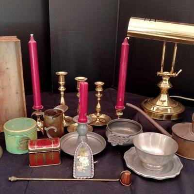Vintage Decorative & Utility – Brass Banker's Lamp, Pewter, Tins, Bell & More
