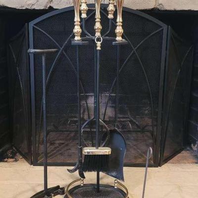 Vintage Cast Iron Black Gold Fireplace Chimney Tool Set