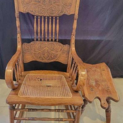 Antique Pressed Back Oak Rocking Chair with Footstool