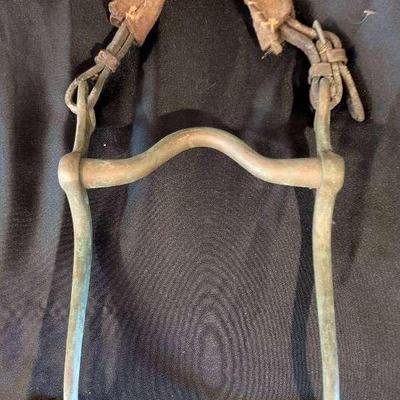 Antique 1800s Horse Curb Bit with Leather Headstall – Marked “Never Rust”