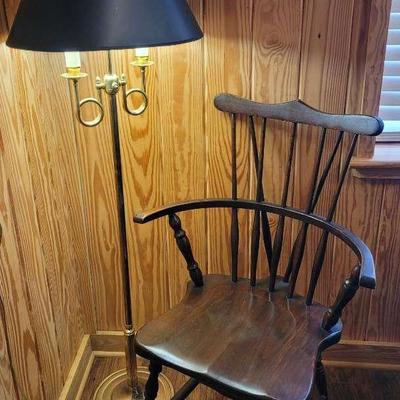 Vintage Bowback Windsor Arm Chair & Baldwin Style Brass Reading Lamp