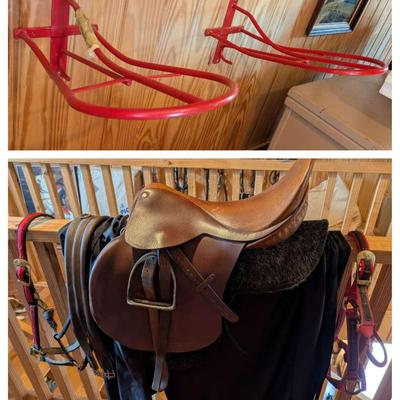 Vintage English Saddle, Girth, Pad, 2 Halters & 2 Saddle Racks