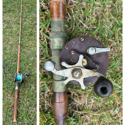 Vintage Hexagonal Wooden Fishing Rod with J.A. Coxe Reel – Approx. 65" Long