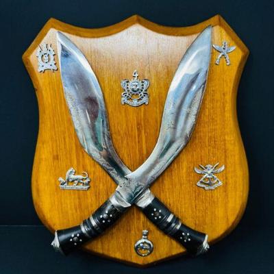 Indian Gurkha Kukri Knives Display on Shield Plaque	