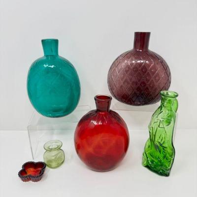 Vintage Blown Glass Art Set: MMA Ruby Red, Stiegel Style Teal Flask +	