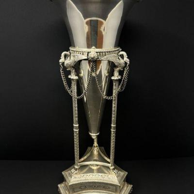 French-Style Neoclassical Silver Plate Vase w/ Swan & Chains Accent	