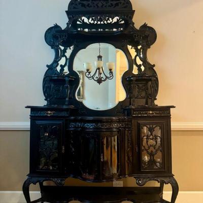 `Grand Antique Victorian Cabinet w/ Carved Accents & Intricate Mirror	