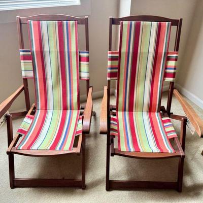 Pair of Collapsible Canvas Lounge Chairs: Striped Fabric, High Quality	