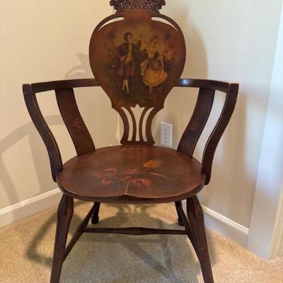 Antique Pressed-Back Armchair w/ Hand-Painted Scene & Floral Detailing	