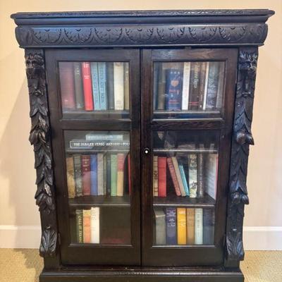 Antique Victorian-Style Dark Wood Bookcase w/ Creature & Leaf Carvings	