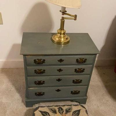 Brass Look Swivel Lamp, Green Distressed Dresser And Vintage Footstool