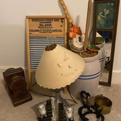 Ceramic Kitten Book Ends, Sunnyland Washboard, Butter Churn Hurricane Glass Lamp And More