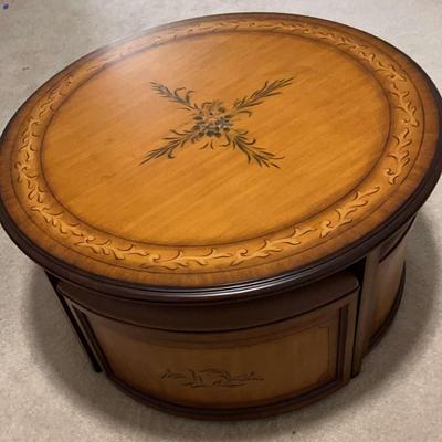 Round Wooden Coffee Table With Four Removable Stools