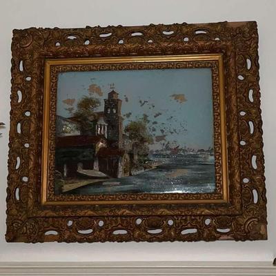 Scene Of Venice Art And Two  Metal Candlesticks 