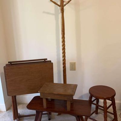 Several Wood Pieces. Includes Hat Stand, Tray Tables, Stool And Other Wooden Pieces