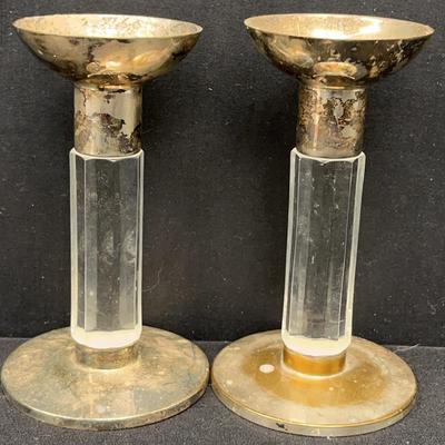 Atlantis Lead Crystal + Silverplate Candlesticks