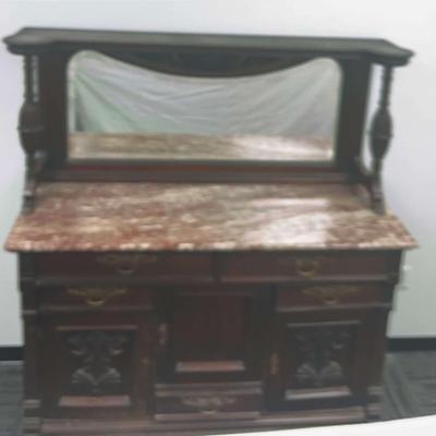 Vintage Marble Top Sideboard With Mirror